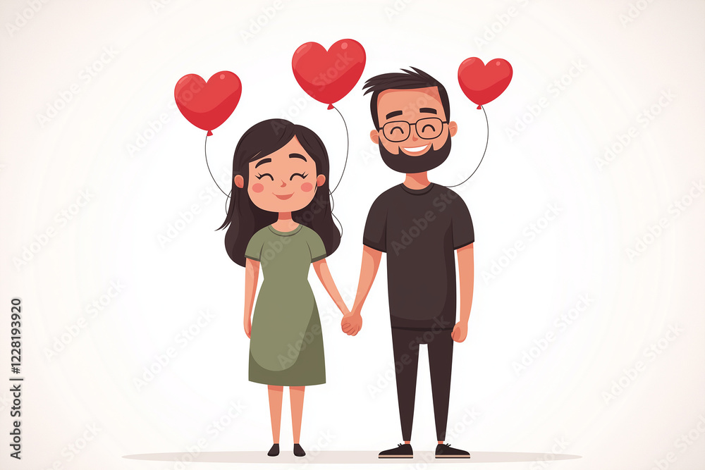 Cute illustration of a couple holding hands with heart balloons in a light background, Valentine's Day Cute illustration of a couple holding hands with heart balloons in a light background, Valentine's Day
