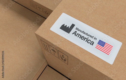 Card Board Carton Boxes with America Flag, Manufactured in America Label - 3D Render