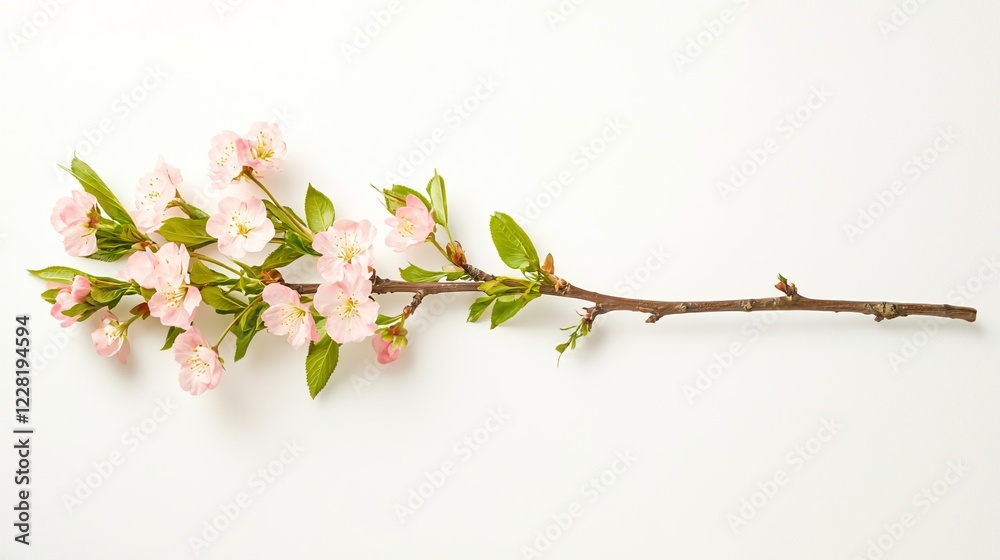 Delicate Cherry Blossom Branch with Pink Flowers on White Background Delicate Cherry Blossom Branch with Pink Flowers on White Background