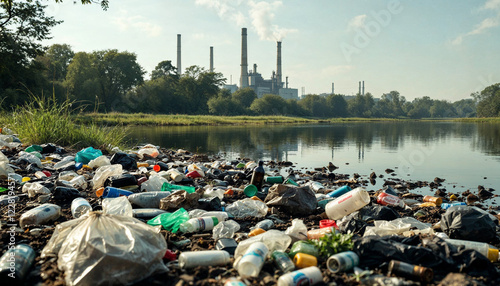 Wallpaper Mural Pollution along the riverbank with plastic waste near industrial area on a sunny day Torontodigital.ca