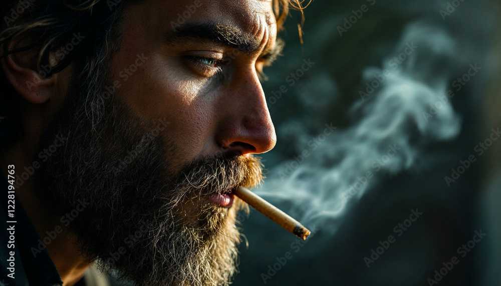 Fototapeta premium Close-up of a man with a beard smoking outdoors in natural light during early morning hours