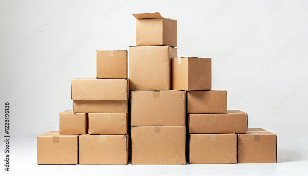 Stacked brown boxes arranged in a triangular formation against a plain background in a well-lit space Stacked brown boxes arranged in a triangular formation against a plain background in a well-lit space