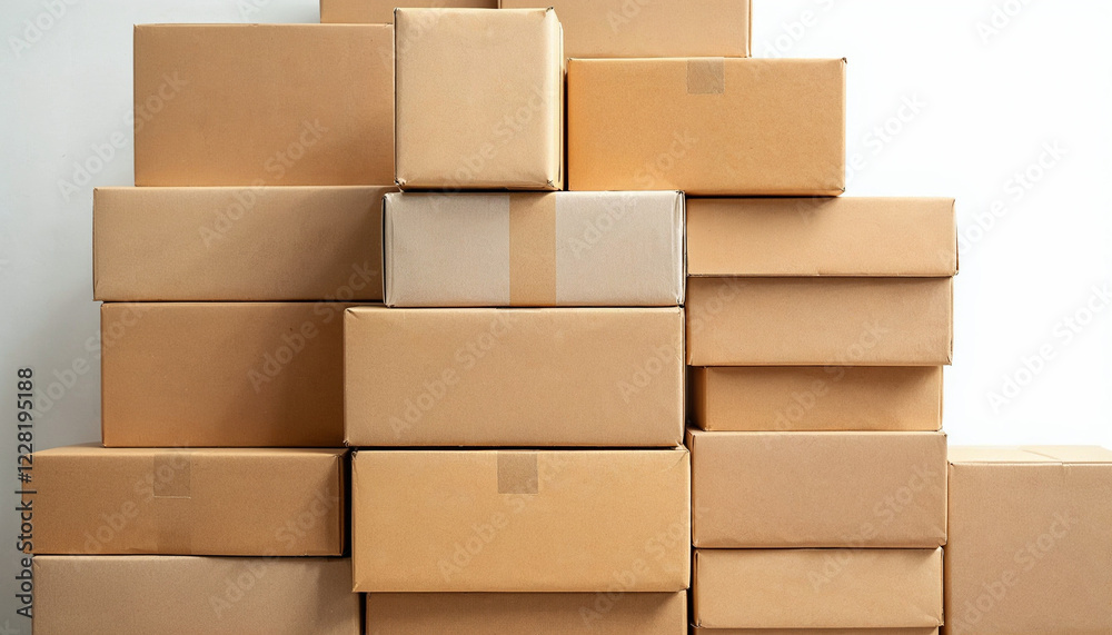 Stacked cardboard boxes in a storage area awaiting distribution on a busy shipping day Stacked cardboard boxes in a storage area awaiting distribution on a busy shipping day