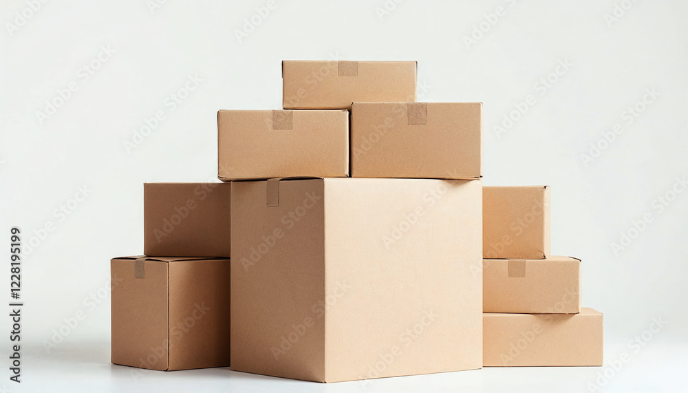 Cardboard boxes stacked in a modern indoor space for storage or moving activities during daylight hours Cardboard boxes stacked in a modern indoor space for storage or moving activities during daylight hours