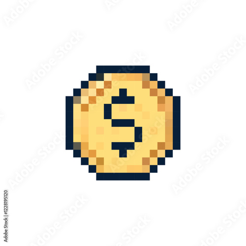 Pixel coin icon vector. Gold cent coin logo. Dollar sign on coin. 8 bit coin icon. Coin in pixel 16 bit style 80s.