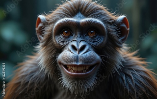 Smiling Chimpanzee Portrait: A Realistic and Joyful Artwork photo