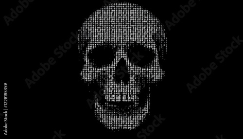 Digital skull design made of binary code on a black background reflecting technology and mortality themes