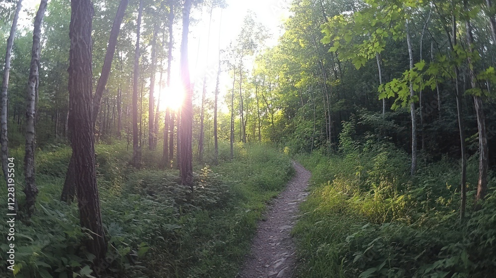 Fototapeta premium Sunlit Forest Path Through Lush Green Trees