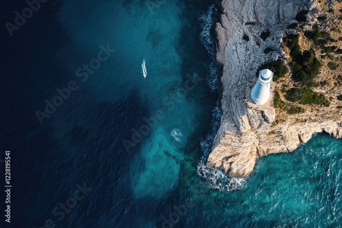 aerial orthographic view of solitary lighthouse standing on rugged cliff along sardinian coast