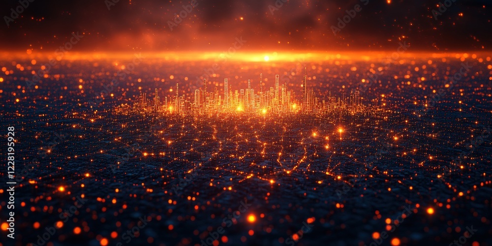 Fototapeta premium Exploring a digital cityscape at dusk urban environment futuristic visualization night viewpoint technology concept