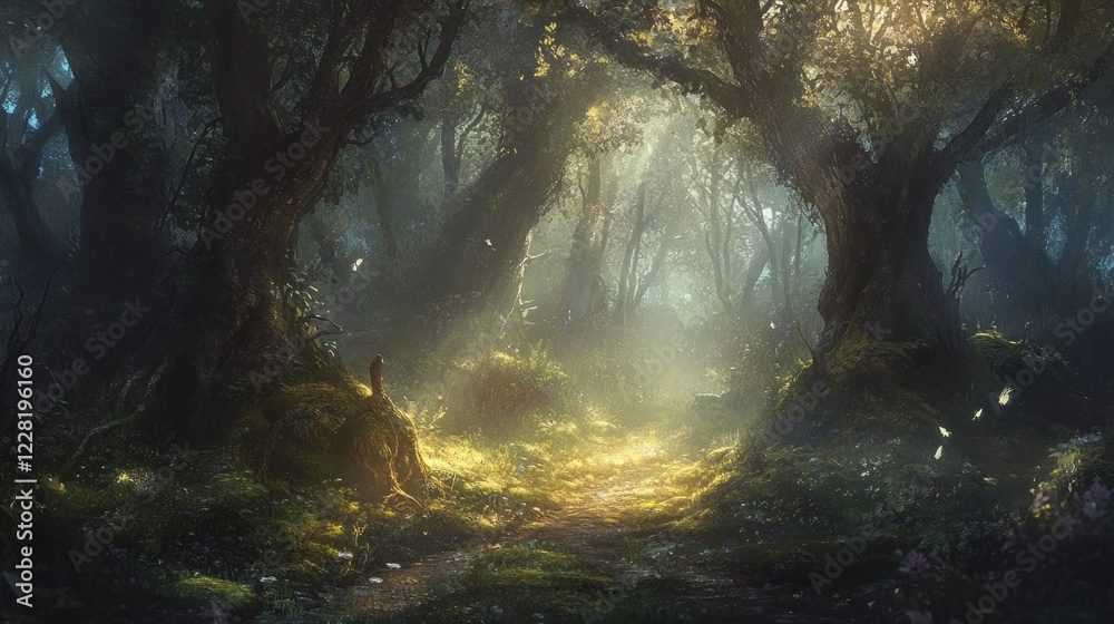 Obraz premium Sunlit Path Through a Mystical Forest Enchantment