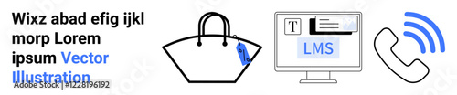 Handbag with tag, LMS desktop interface, phone with blue signal waves. Ideal for education, e-commerce, online learning, telecommunication, shopping, marketing flat landing page banner
