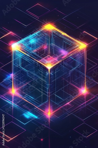 Isometric glowing tech cube grid with reflective surfaces