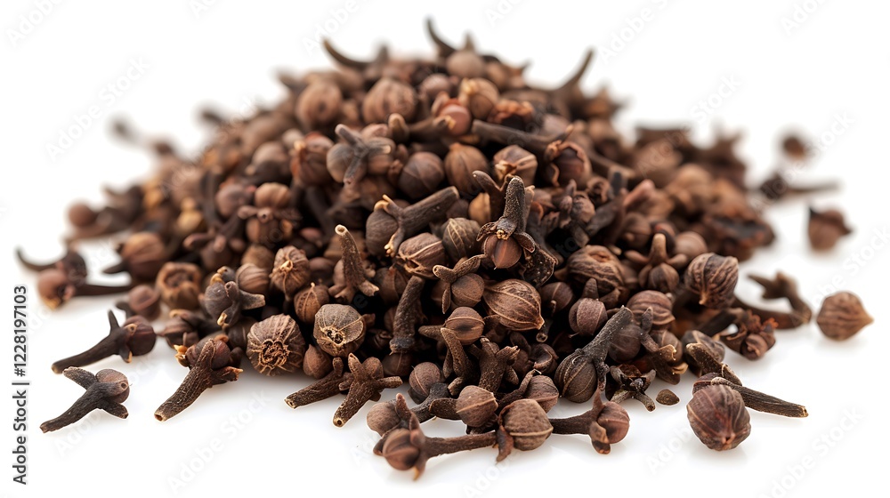 Ground cloves placed in a neat pile on a white background Ground cloves placed in a neat pile on a white background