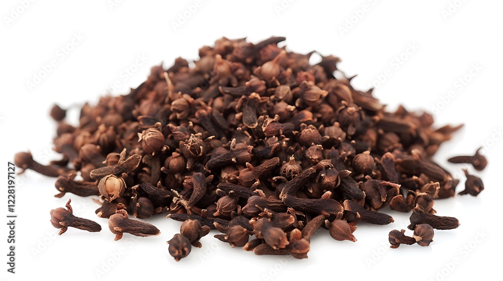 Ground cloves placed in a neat pile on a white background Ground cloves placed in a neat pile on a white background
