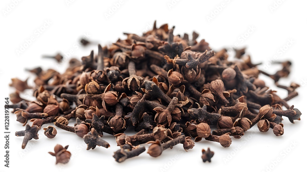 Ground cloves placed in a small pile on a pristine white backdrop Ground cloves placed in a small pile on a pristine white backdrop