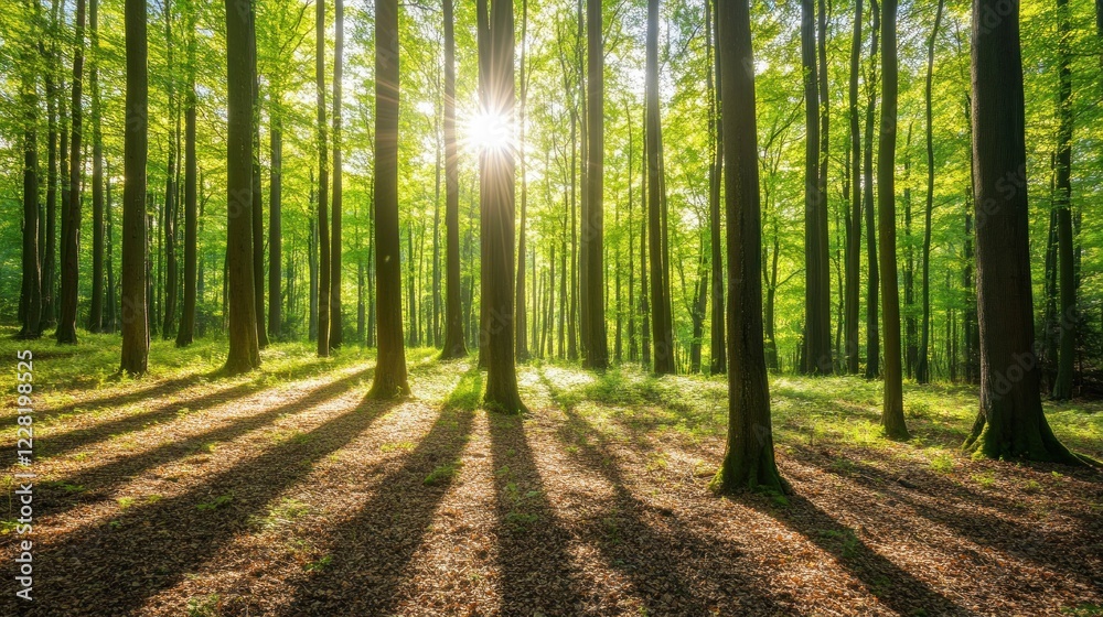 Sunlit Forest Trees Casting Long Shadows on Ground