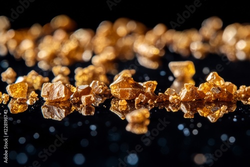 The display features an array of gold nuggets, glistening with a reflective quality against a stark black background. Each piece varies in shape and size, revealing unique textures