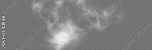 Realistic white smoke or mist effect with soft, swirling patterns on a transparent background. Perfect for overlays and atmospheric designs.	 photo