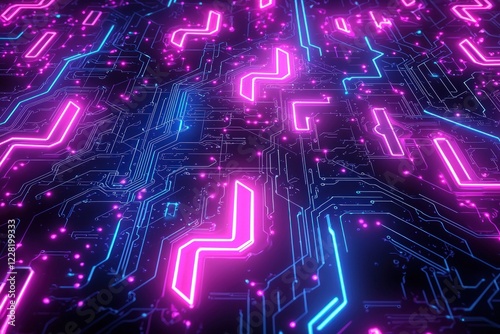 Neon glowing circuit board patterns on a dark background
