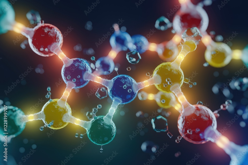 A vibrant 3D rendering of a complex molecule, showcasing its intricate atomic structure and connections. A vibrant 3D rendering of a complex molecule, showcasing its intricate atomic structure and connections.