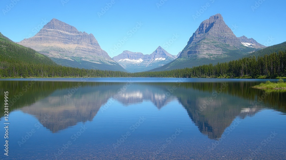Naklejka premium Majestic Mountains Reflected in Calm Lake Water