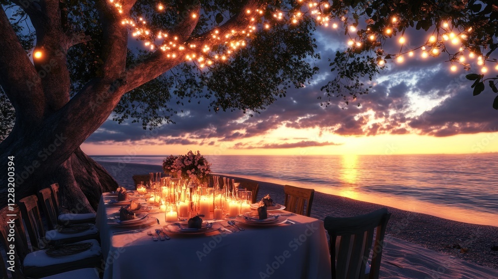 Romantic Beach Sunset Dinner Underneath Tree Lights Romantic Beach Sunset Dinner Underneath Tree Lights