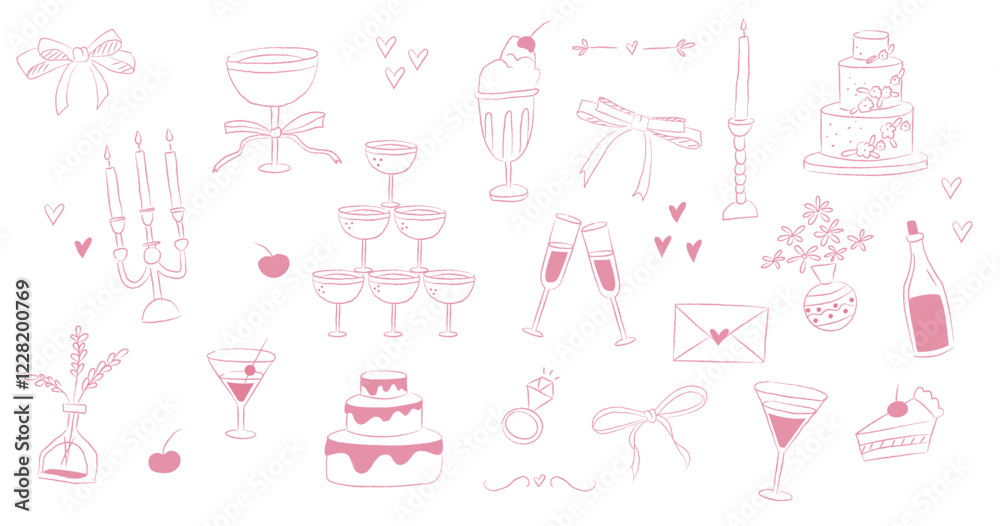 Cute pink hand drawn doodle wedding design elements. Simple line illustrations for invitations, menu, party cards. Champagne glass, cake, hearts, candles, flowers, cherry. Isolated on white