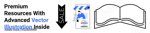 Downward sale arrow pointing to storefront graphic featuring advanced resources under a blue awning. Open book to depict knowledge, ideal for e-commerce, education, creativity, marketing, discounts