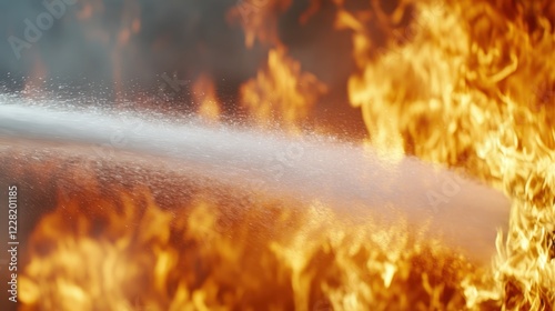 A fire hose sprays water to extinguish a raging fire, showcasing the struggle between fire and water in a dramatic scene.
