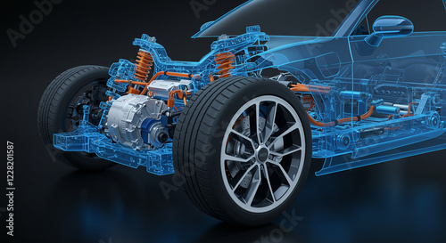 Electric vehicle chassis with visible suspension and drivetrain components. Car chassis with wheels and electric motor. Transparent car body shows internal structure