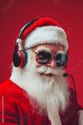 A lively Santa Claus with a white beard, wearing sunglasses and headphones, exudes festive cheer. Perfect for modern, fun Christmas themes and holiday marketing