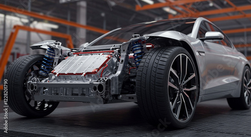 Electric car chassis with visible engine and suspension. Silver electric car chassis with wheels and battery pack. Car chassis with electric engine and suspension