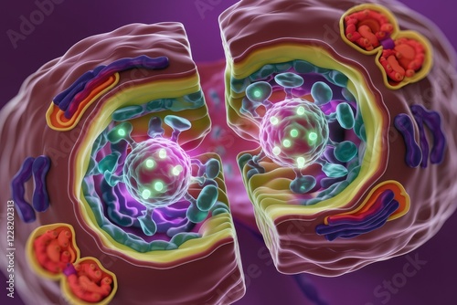 Cross-section view of a cell undergoing cytokinesis, showing the division of cytoplasm and organelles.