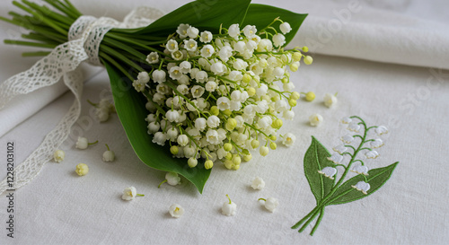 Lily of the valley bouquet with lace ribbon and embroidered lily of the valley on white linen background. Lily of the valley flower bouquet with scattered blossoms