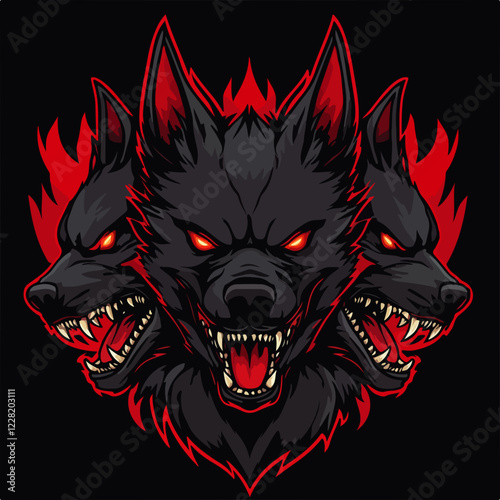 Fearsome three-headed hellhound logo featuring fiery red accents created for competitive gaming teams