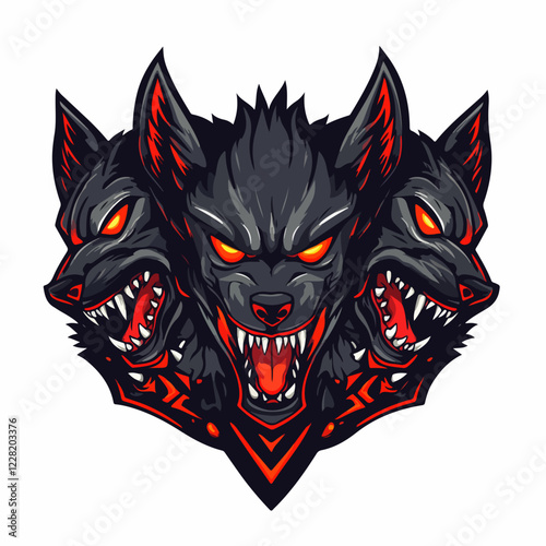 Fearsome three-headed hellhound logo representing a powerful esports team with fiery red details and an intense expression