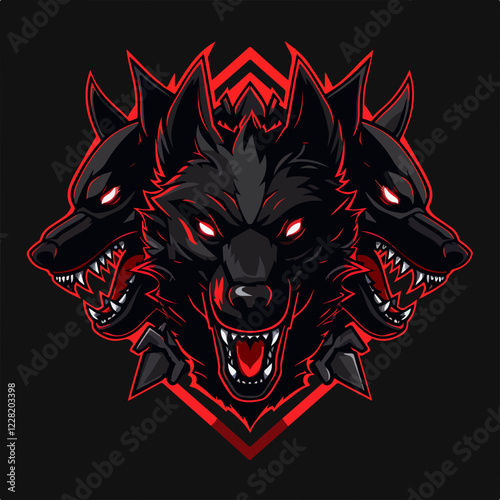 Fearsome three-headed hellhound emblem featuring fiery red accents with a dark background for esports branding