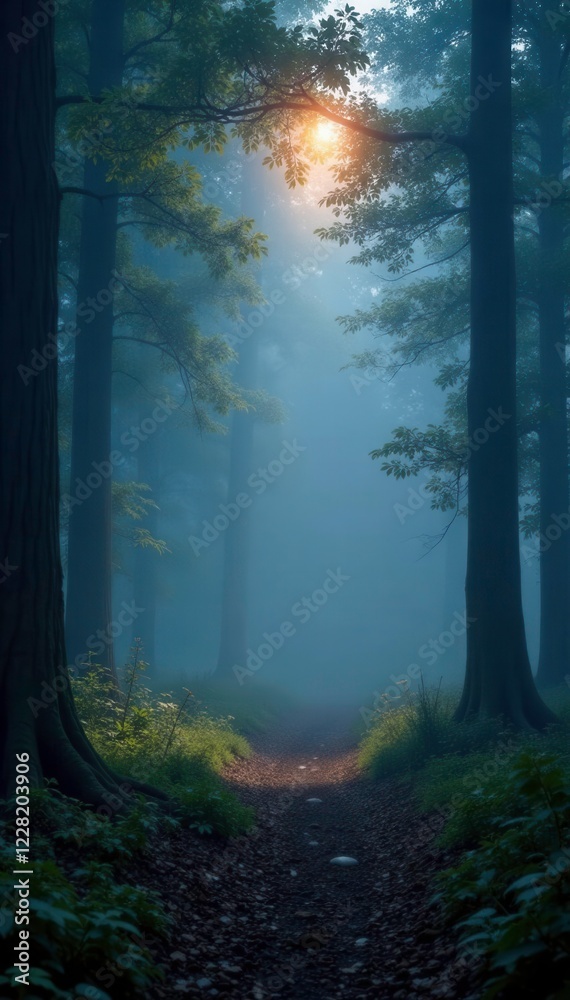 Fototapeta premium Softly glowing light sources illuminate a misty forest landscape, trees, mist, forest