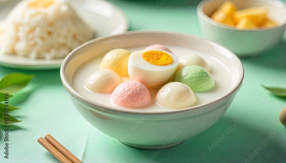 Colorful sweet rice balls in creamy milk soup Colorful sweet rice balls in creamy milk soup