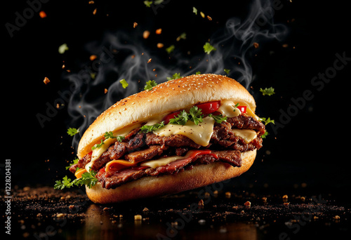 Wallpaper Mural freshly grilled beef Turkish or chicken Arabic shawarma doner sandwich flying isolated on a black background Torontodigital.ca