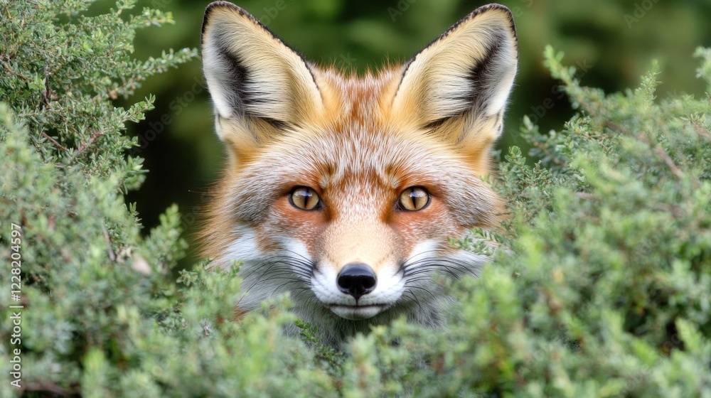 Fototapeta premium Red Fox Peeking Through Green Bushy Foliage