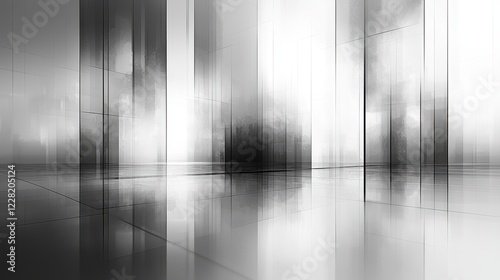 Abstract monochrome space with reflective surfaces and vertical lines.