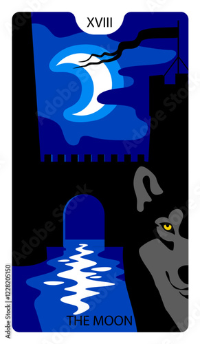 The Moon character of Tarot playing card with a black castle and a wolf in modern cartoon minimalism flat style. Vector illustration