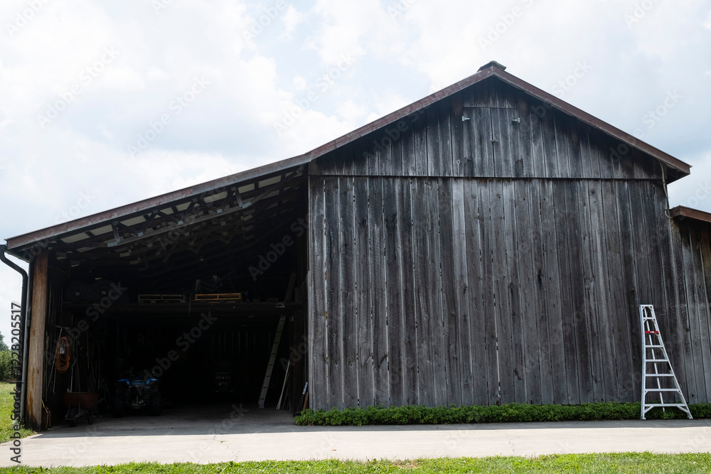 A weathered wooden barn with an open side, revealing tools inside. A white ladder leans against the wall. The scene is set under a cloudy sky with green grass and bushes at the base A weathered wooden barn with an open side, revealing tools inside. A white ladder leans against the wall. The scene is set under a cloudy sky with green grass and bushes at the base