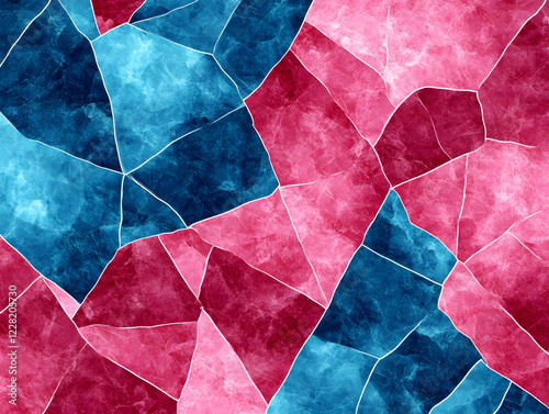 This image features a stunning geometric pattern composed of watercolor shapes in shades of blue and pink. The shapes interlock in a seemingly random yet harmonious arrangement, creating a vivid mosai