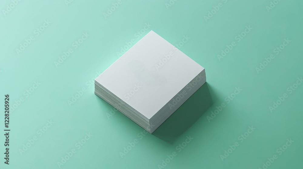 Blank Square Stack of White Business Cards on Mint Green Background Blank Square Stack of White Business Cards on Mint Green Background