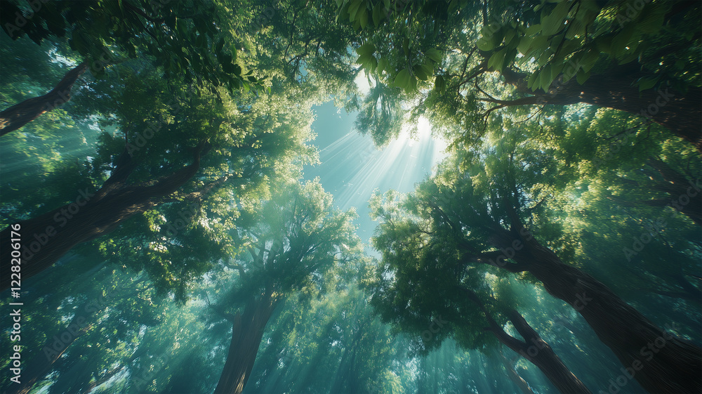 Fototapeta premium ジャングルの木々を見上げる冒険心あふれるローアングル