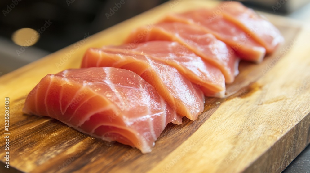 Fresh sashimi slices on wooden board Fresh sashimi slices on wooden board
