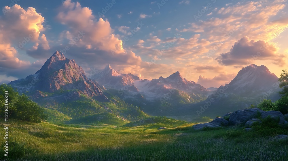 Naklejka premium Tranquil sunrise over mountains casting peaceful glow mesmerizing nature wallpaper background image